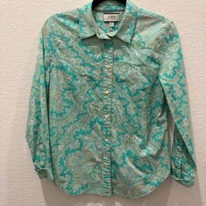 J.Crew Collection Womens 6 Paisley Button Down Shirt Turquoise Green Long Sleeve